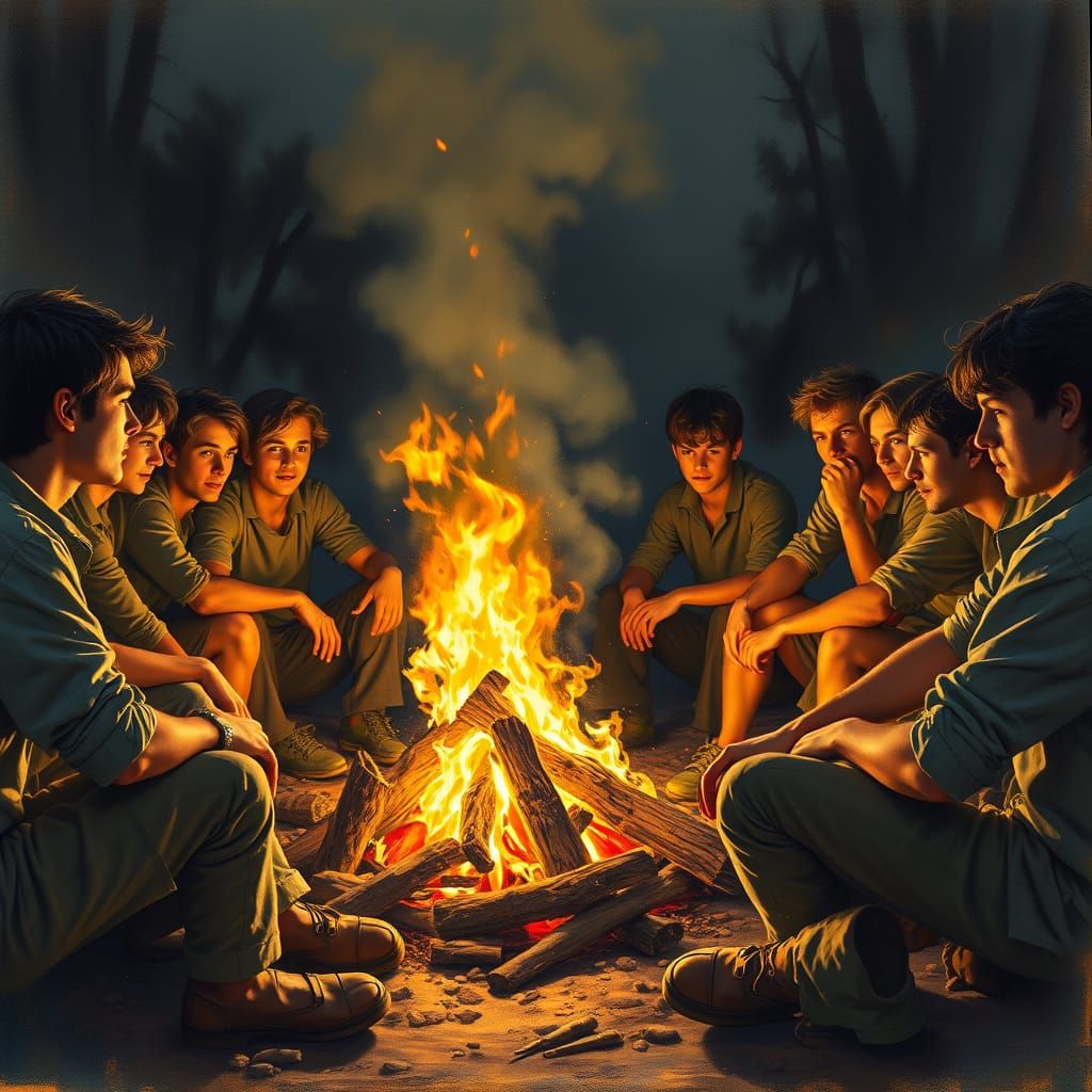 Muted Gathering of Young Men by the Flickering Campfire