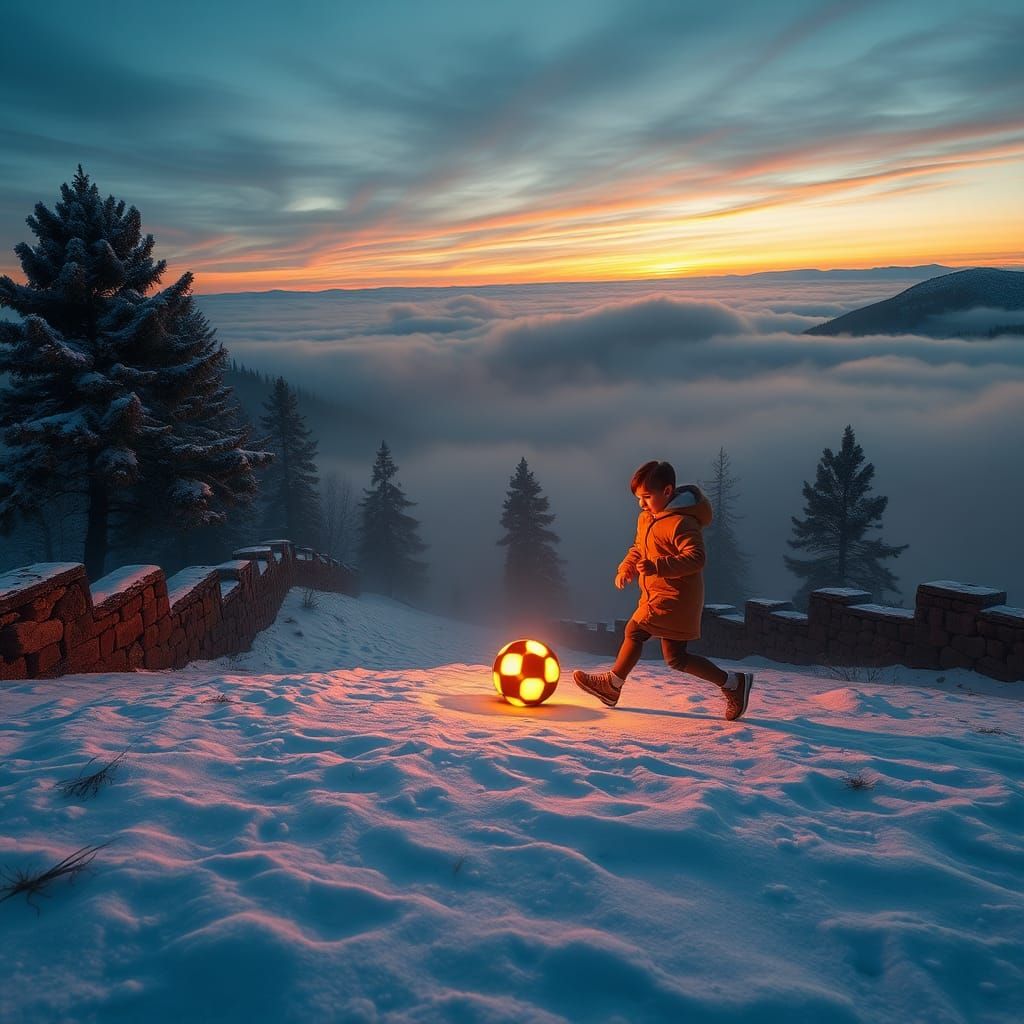 Children Play Soccer on Snowy Mountain: Fantasy Art