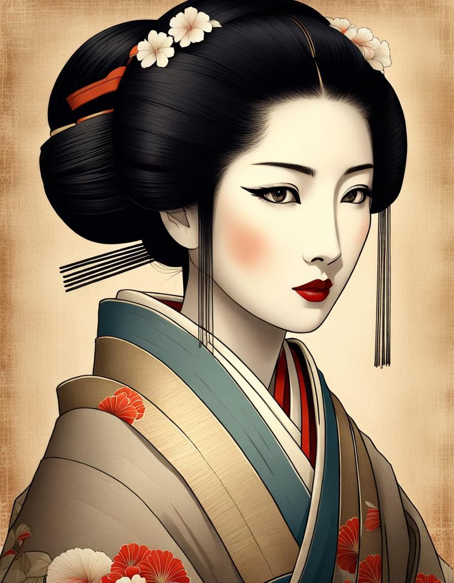 Japanese woman (ancient papyrus-style drawing)  by @Jarek