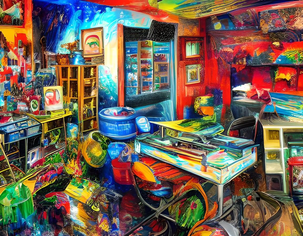 In the artist's studio. A gigantic chaos of colors, tools, f...