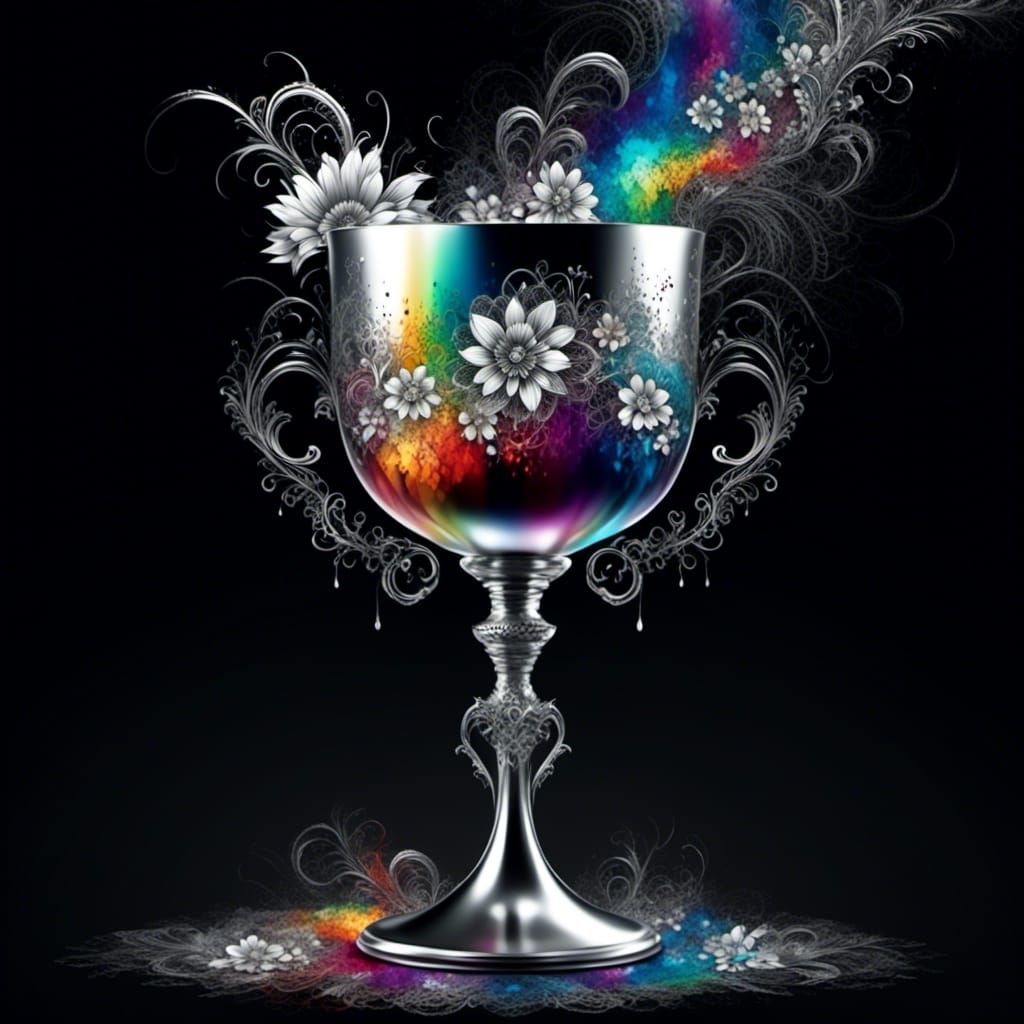 <lora:Soft Intensity:1.0> silver chalice, rainbow liquid splattering, huge rainbow lace flowers in background, flower tattoos, white lace fl...
