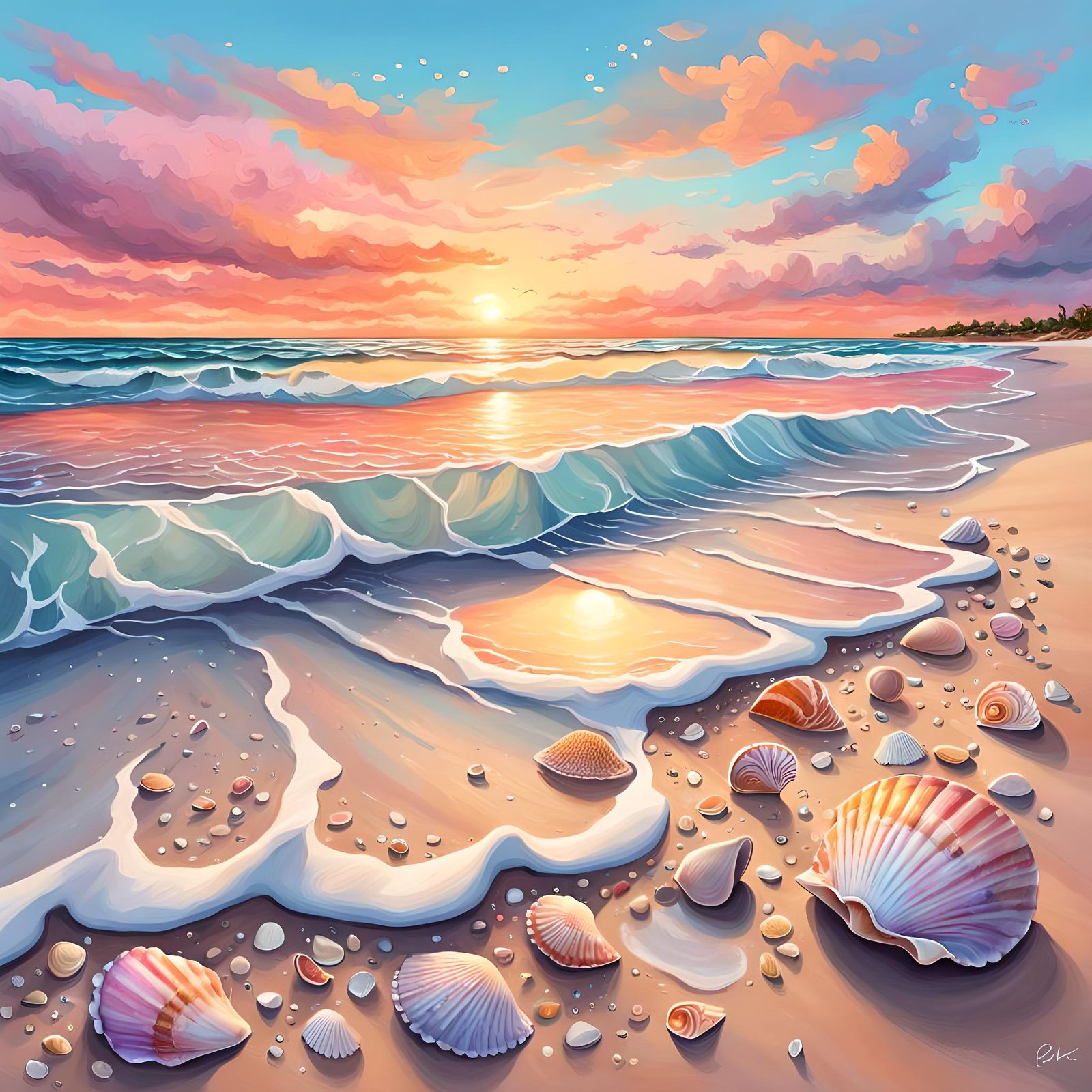 A digital painting capturing a serene beach at sunset, with pastel colors reflecting off the calm ocean ...  by @Nohahaikal 
