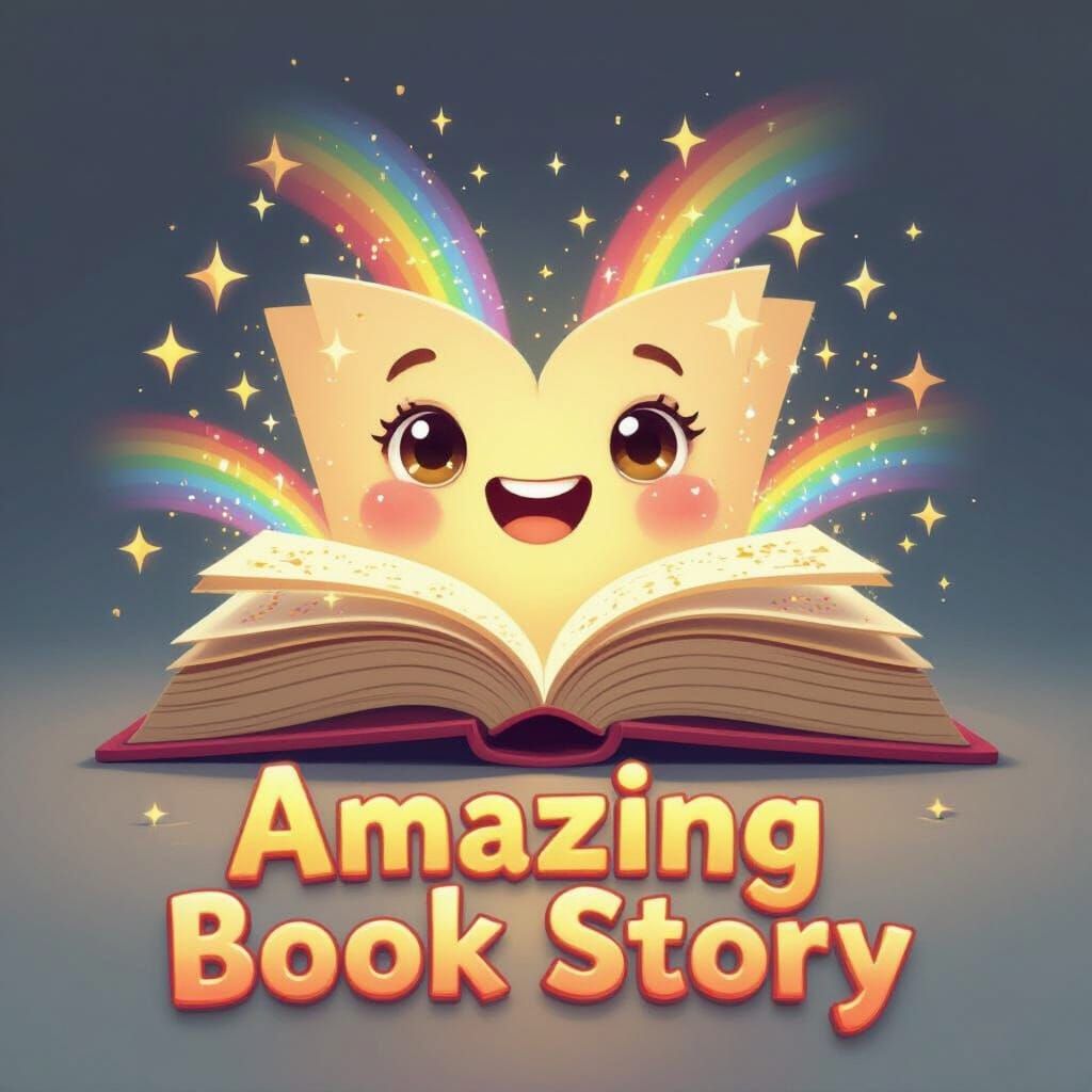 “3D cute and colorful logo of an open storybook with a smiling face, magical sparkles, rainbow light coming out of the book, kids-friendly d...