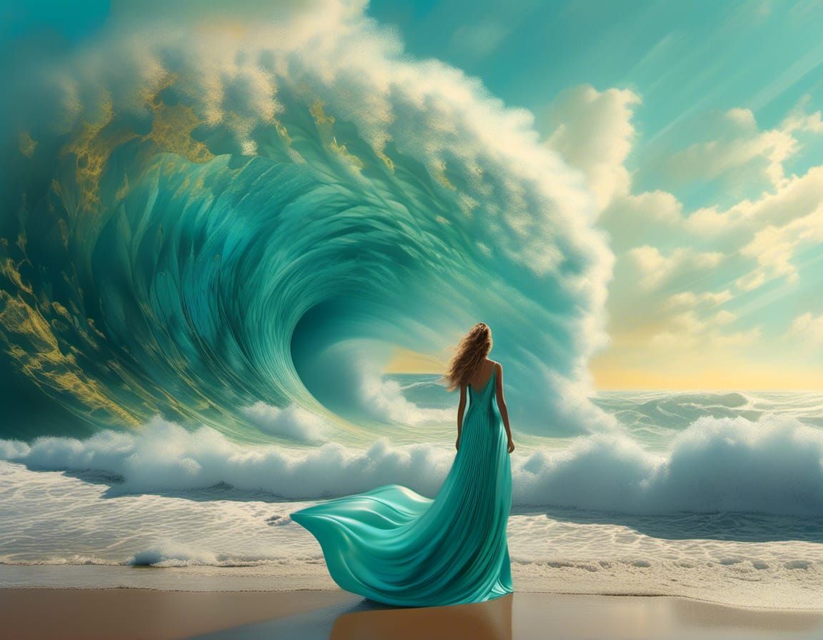 a woman stands on the beach facing a towering ocean wave tha...