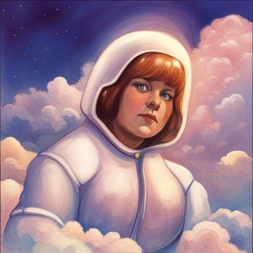 A faceless chubby female humanoid made of puffy white clouds. 1970s scifi magazine art