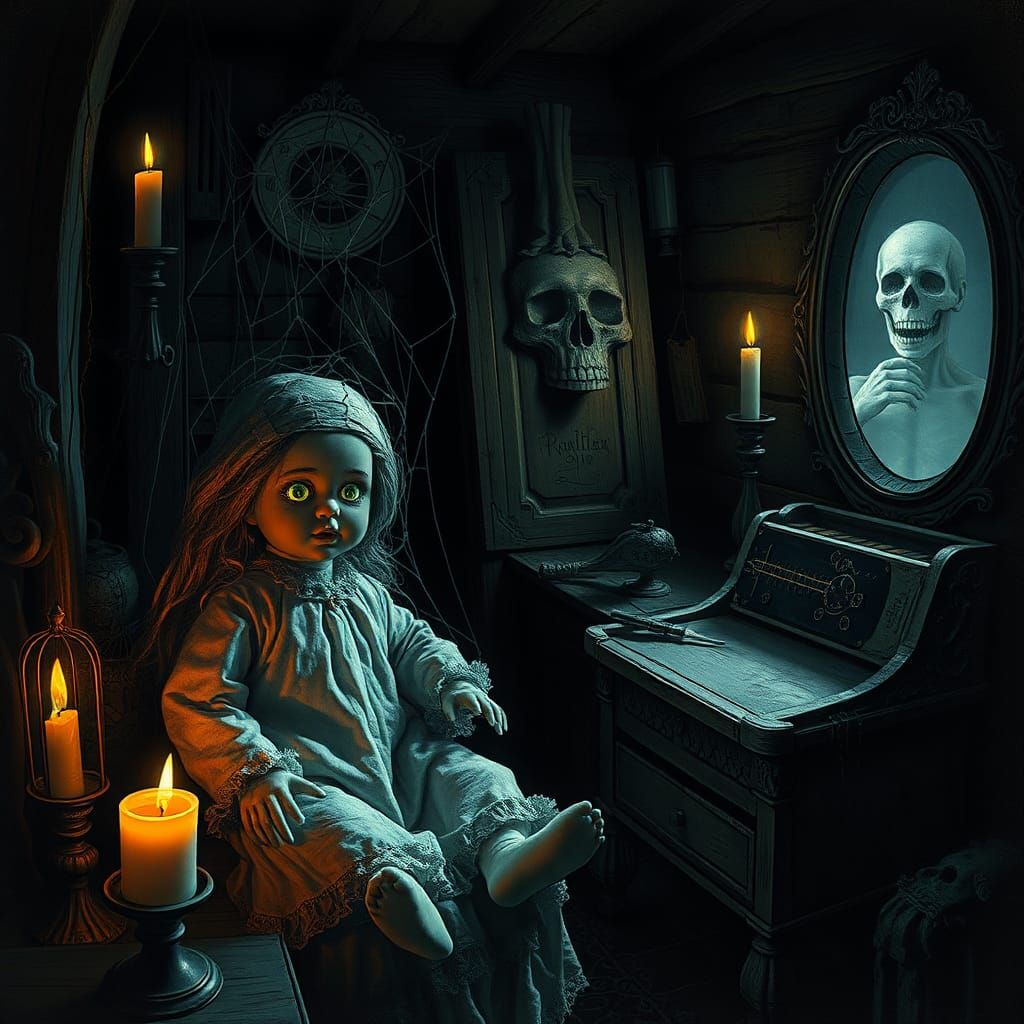cursed attic, eerie atmosphere, cracked porcelain doll, glow...