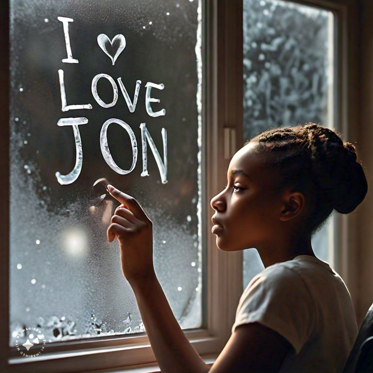 Teenager writes on frosty window