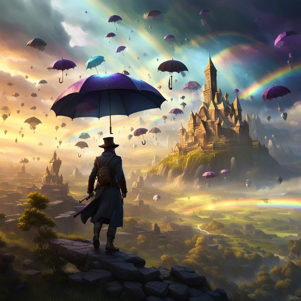 A flying umbrella in a rainbow sky