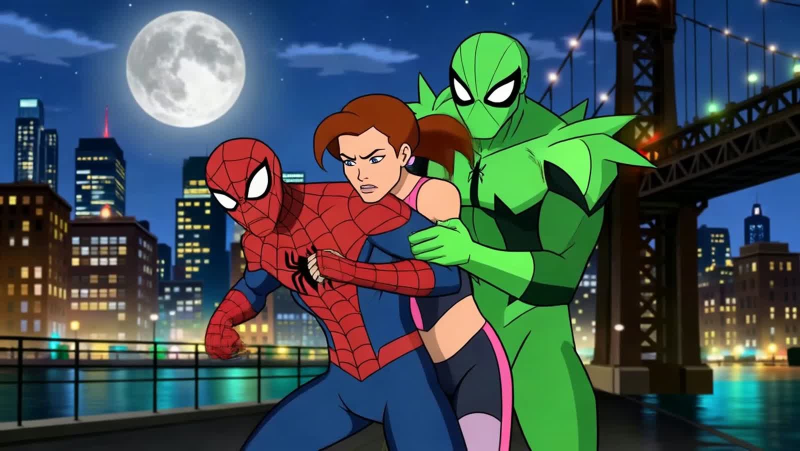 Mary Jane Watson, dressed in a sleek, athletic outfit, courageously shields Peter Parker, who is struggling in the Green...