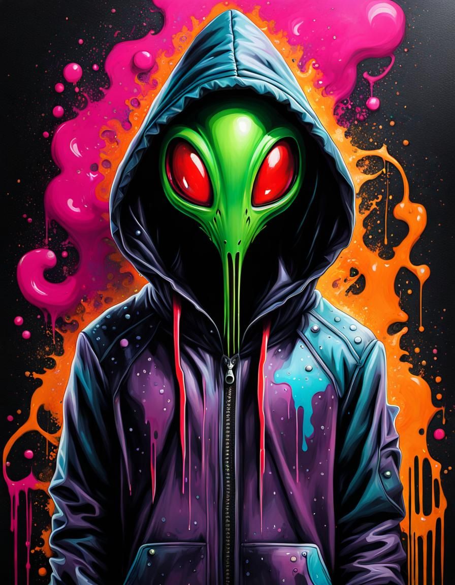 Hooded alien creature graffiti art, splash art, street art, ...