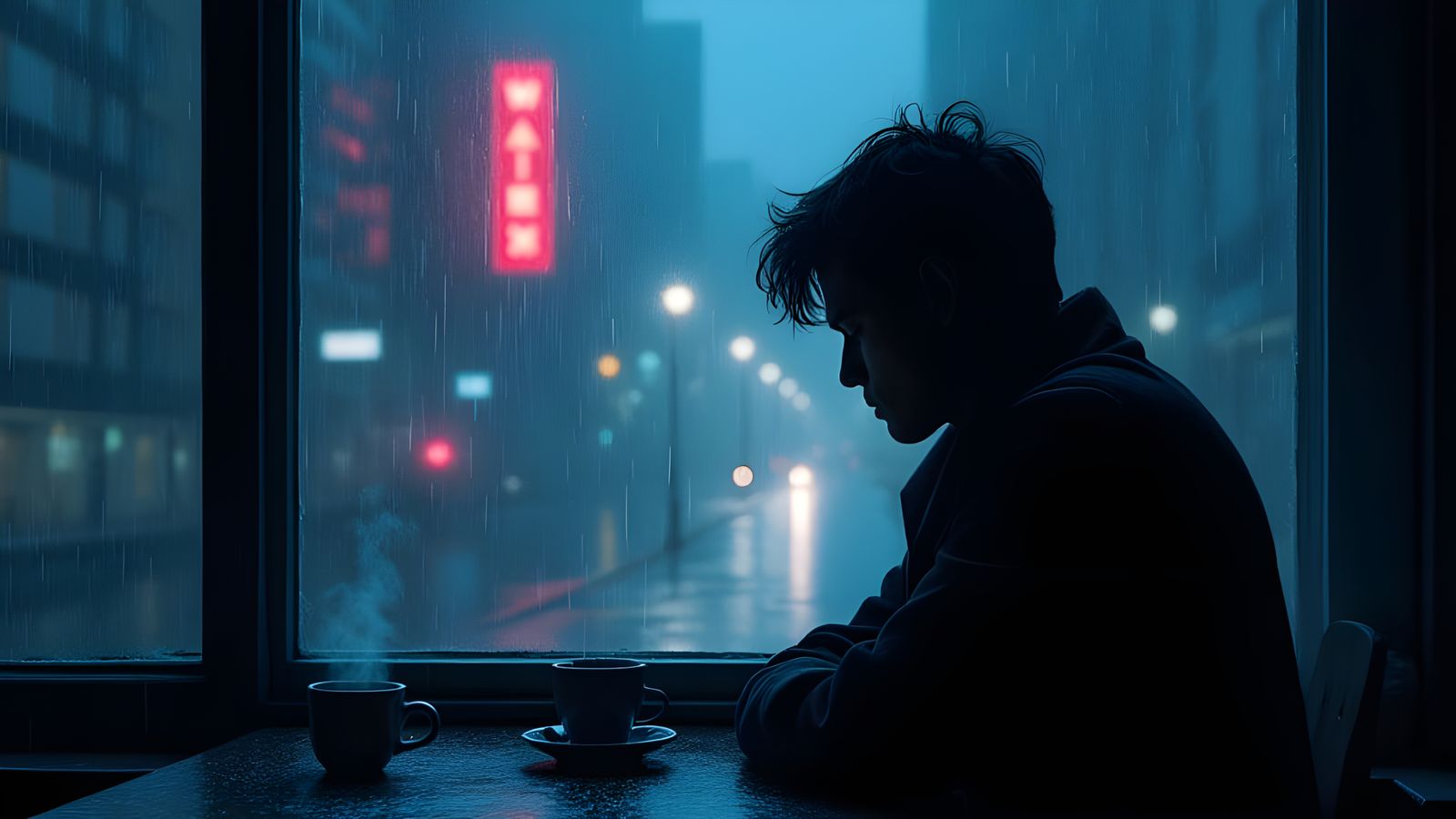 Lonely Figure in Rain-Soaked Night, Bathed in Melancholy Blu...