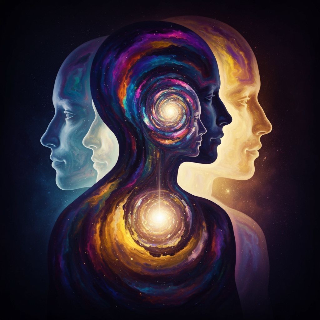 "A human silhouette filled with swirling memories and colors, layered transparent faces, glowing light ...  by @undefined