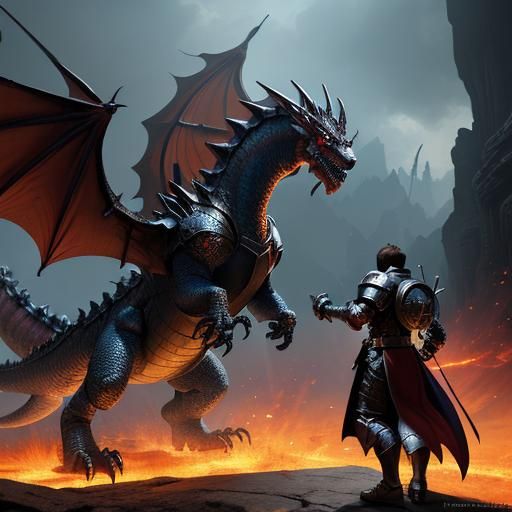 fire breathing dragon fighting knight in shining armor