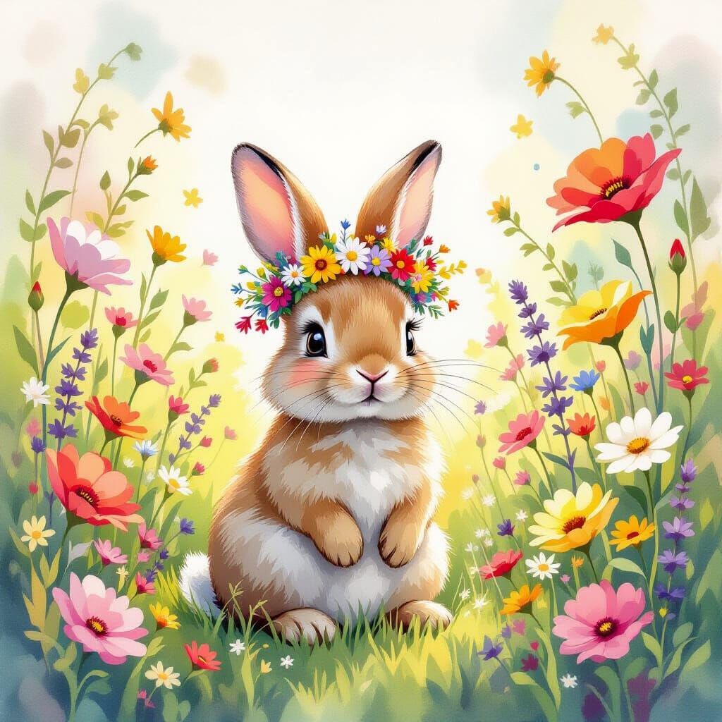 A whimsical storybook scene of a fluffy bunny wearing a crown made of wildflowers and dew drop 