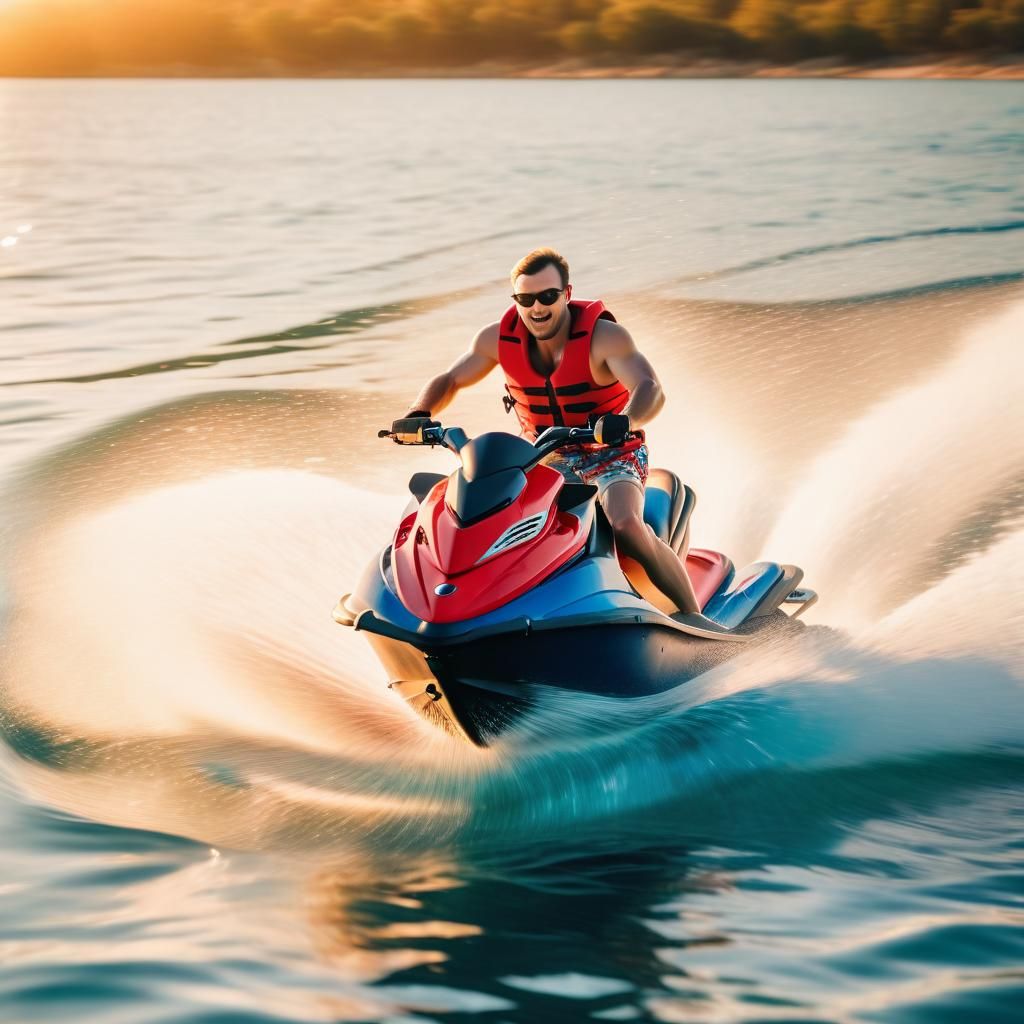 guy riding jet ski on a blue sea water, red shorts, 35mm fil...