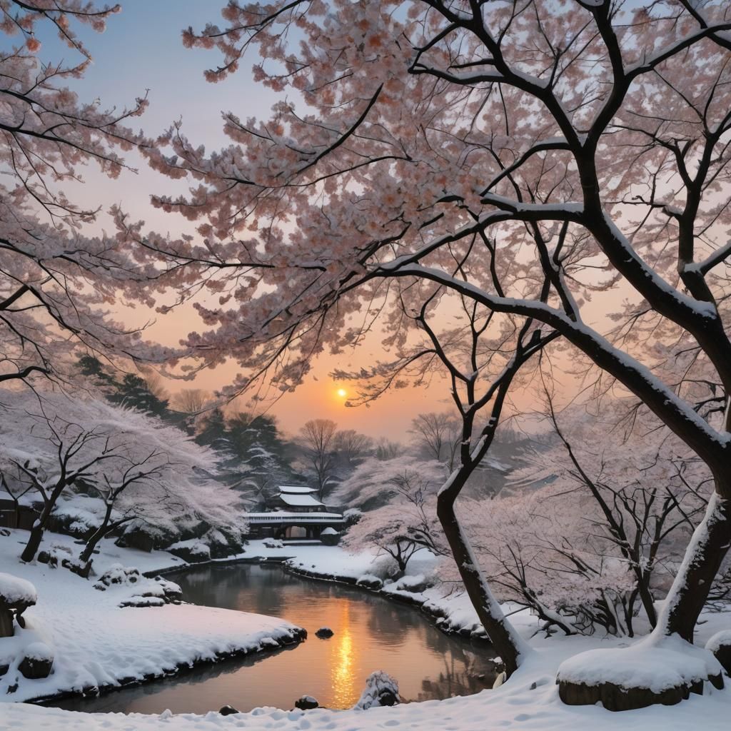 A beautiful sakura snowy sunset