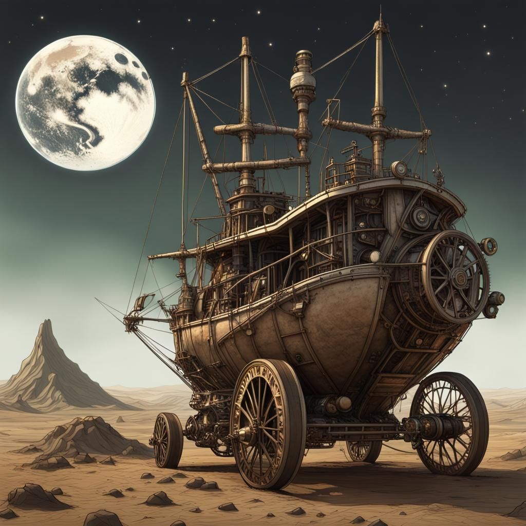 a sailboat, with a large mast and sails, mounted on big wheels, 4x4 tires, in a crater on the moon, it's ...  by @GuidePas