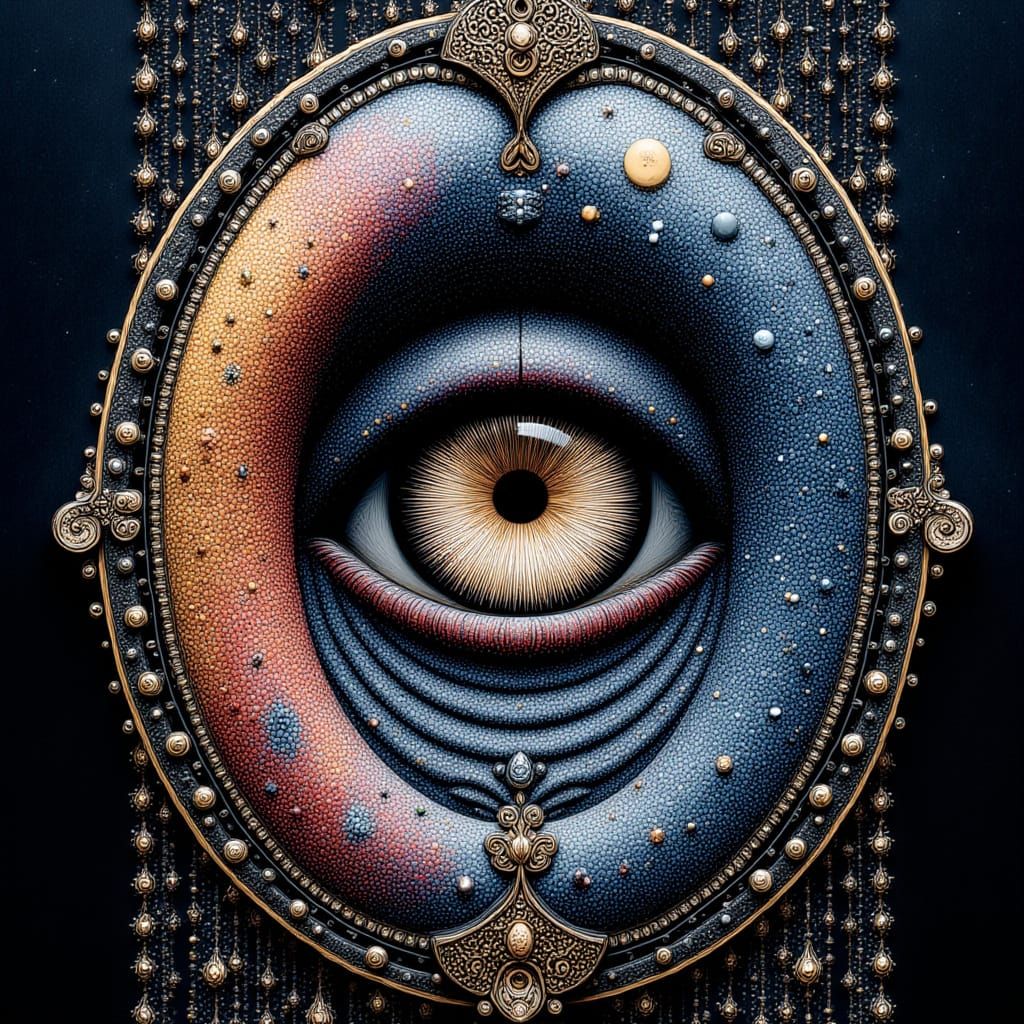 <lora:DOTSPEN:1.0> pointillism, hand-drawn illustration,  highly detailed and surreal depiction of an eye in an intricate, ornamental, and s...