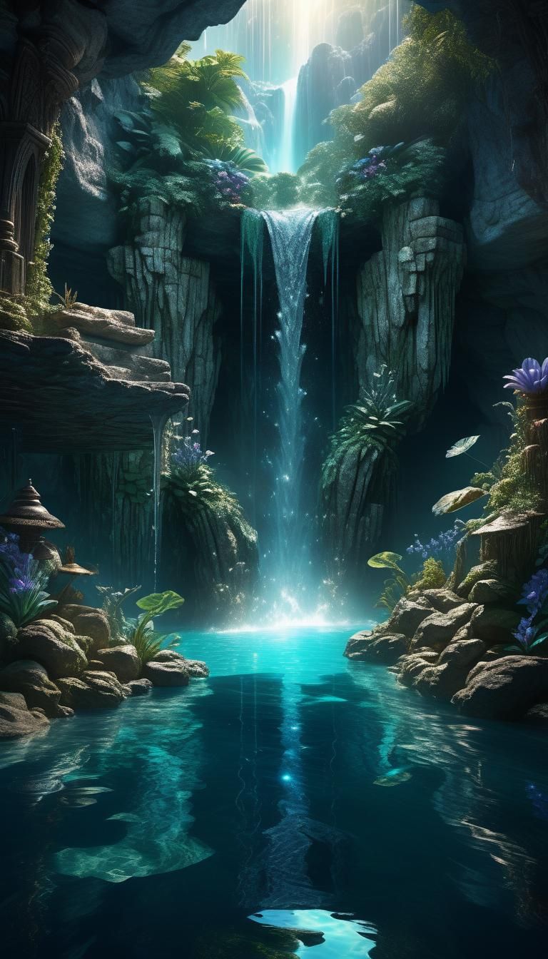 A mystical waterfall cascading into a hidden grotto, where m...
