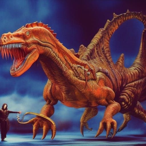 A scene from the opera Die Walküre with a Tyrannosaurus Rex ...