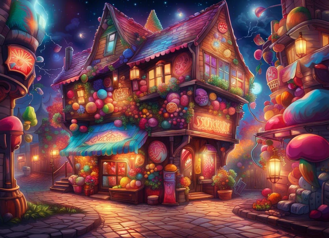 Candy Shop in fantasy world town, magical vibe, vibrant colors, night background, full of hanging light ...  by @black mask