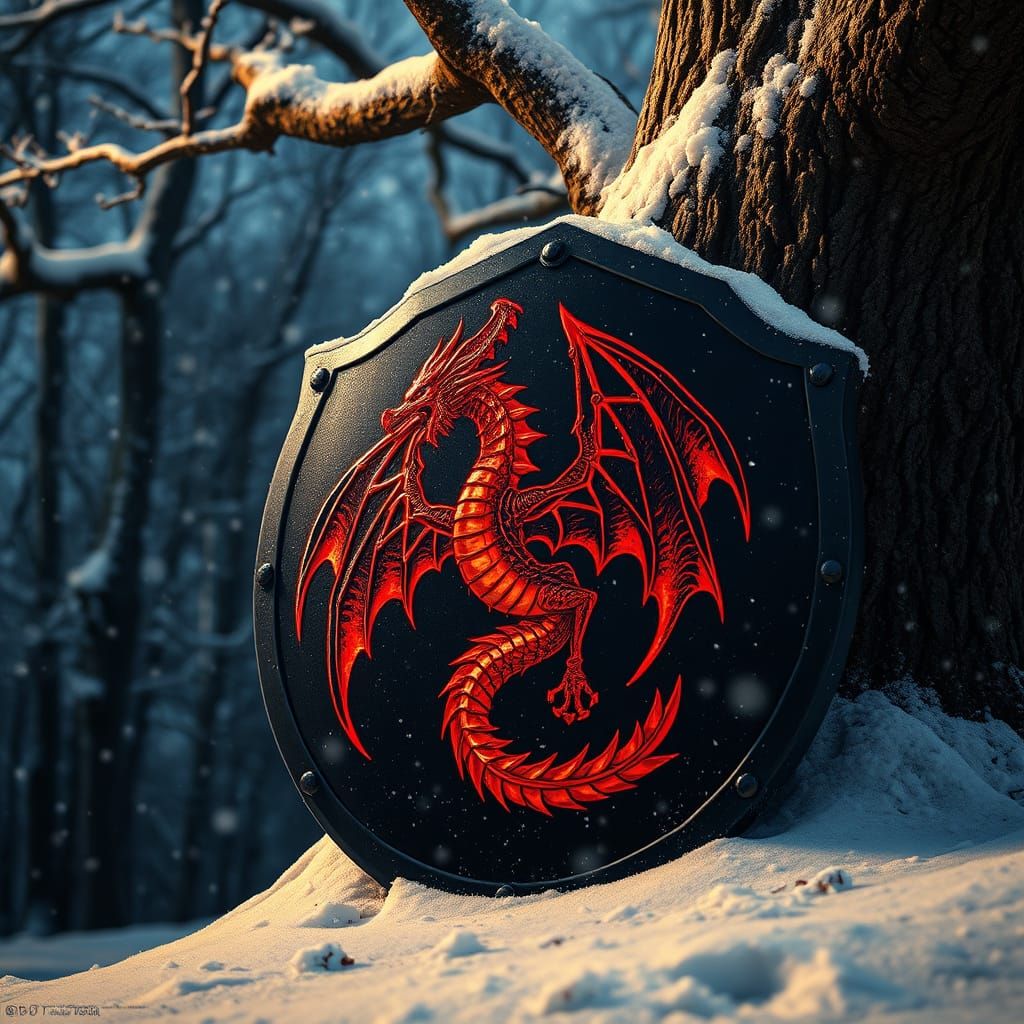 Red Dragon Shield in the Snow