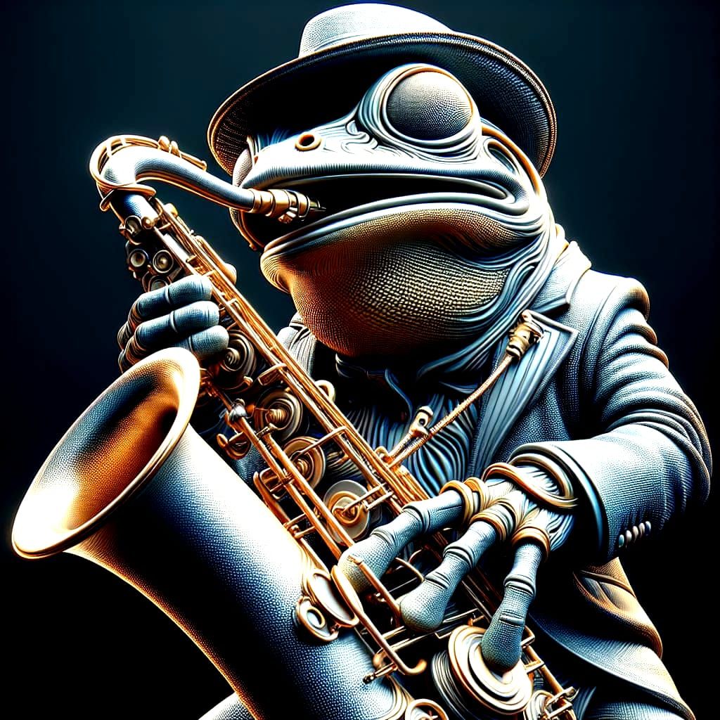 An anthropomorphic frog playing saxophone. 3D shading, Photo_realistic, sharp focus, octane render. Hyperdetailed, maximalist, perfect compo...