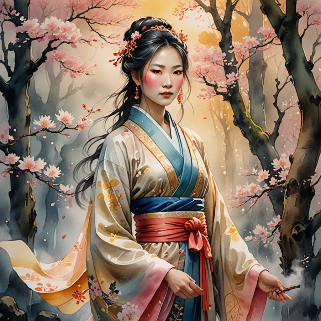 Lü Sheng Goddess in Misty Forest Watercolor