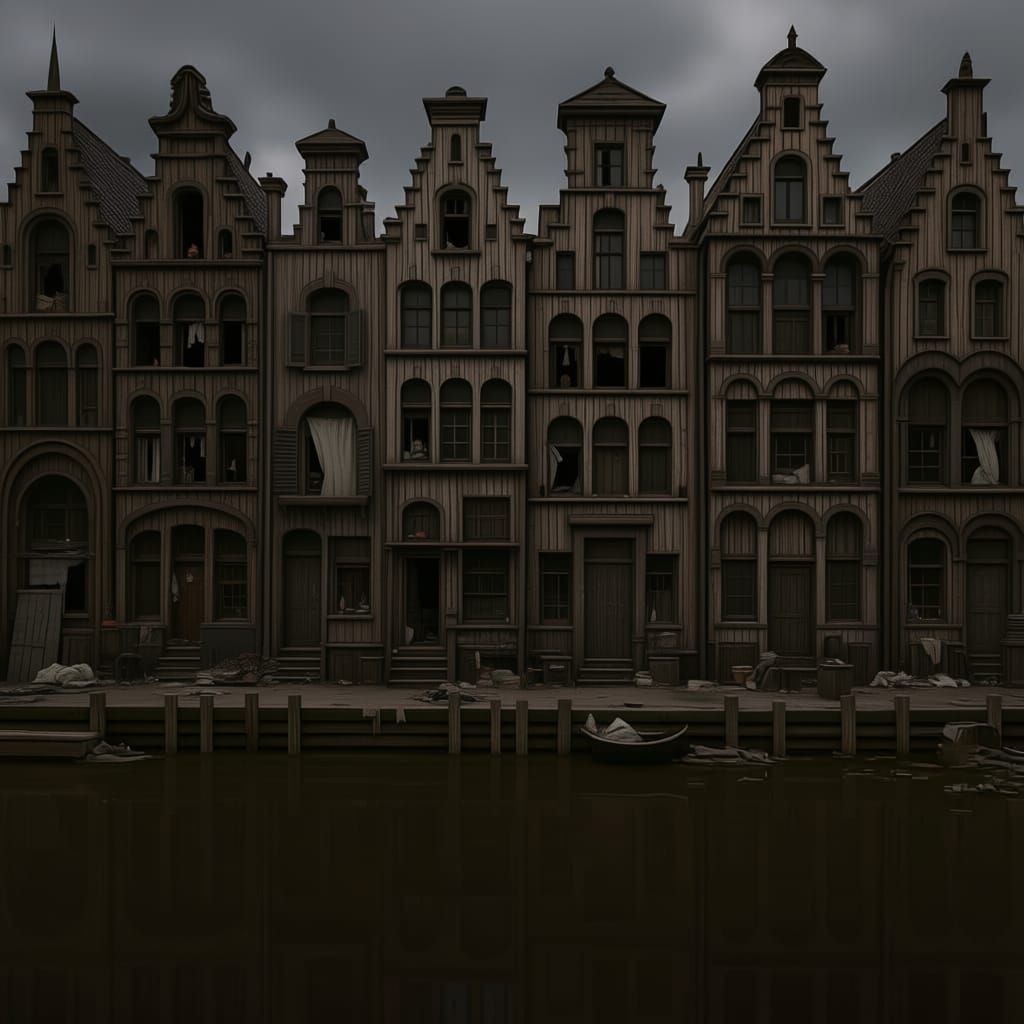 2D side-view of a Dutch medieval fantasy slum district in Octopath Traveler HD-2D style, pixel art with modern lighting. Scene viewed from a...