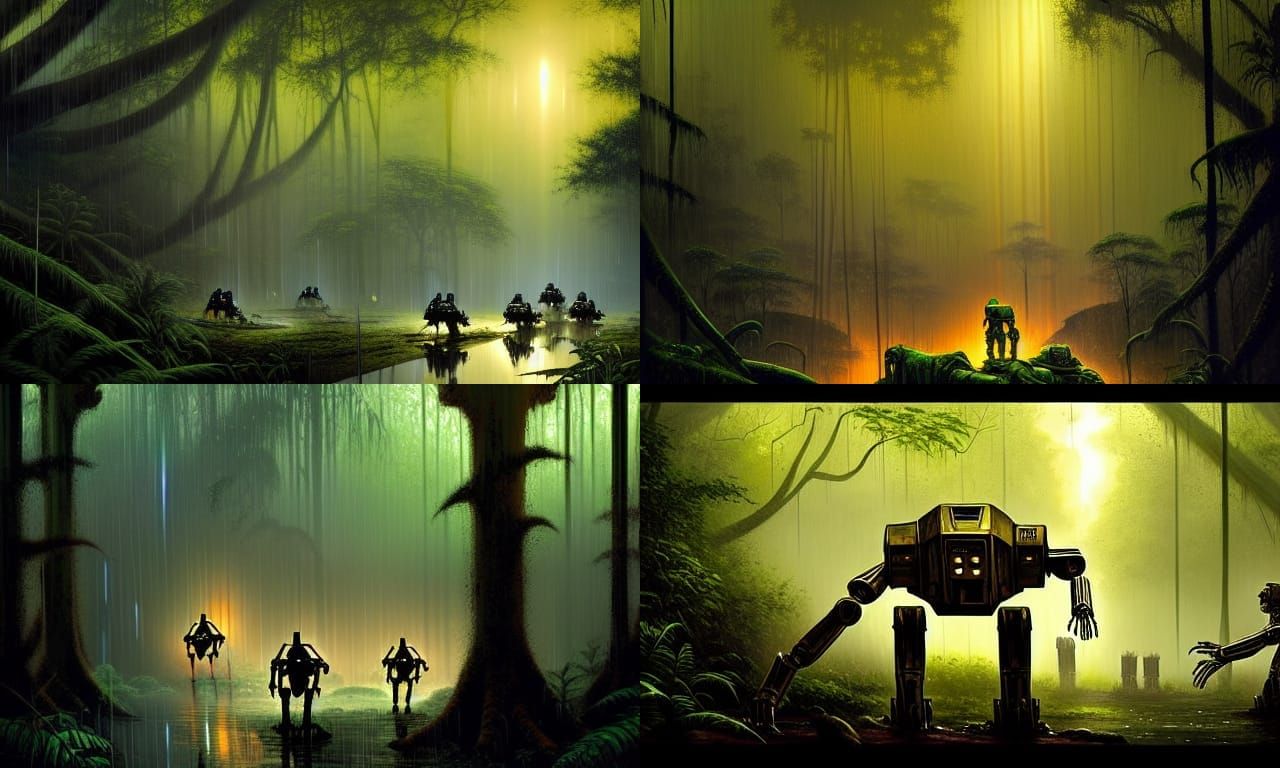 an army of assassin droids creeping through a haunted rainfo...