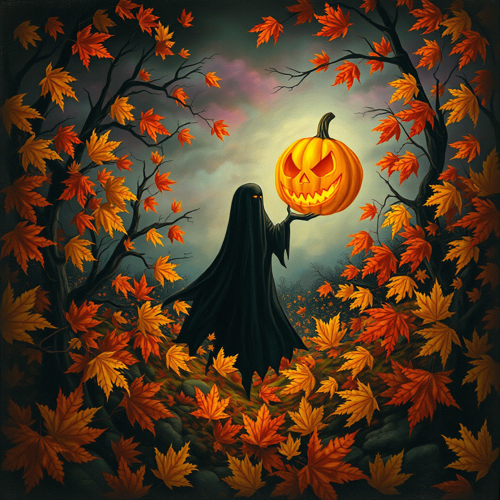 Spooky Autumnal Scene with Ghostly Figure