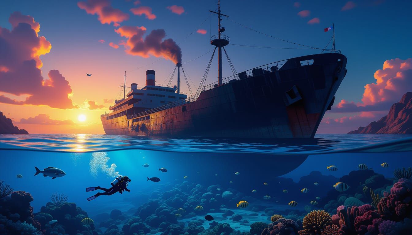 Underwater sunken huge ship in red sea one diver try to find some cool shiny colourful reefs beautiful sea creatures nice water colour very ...