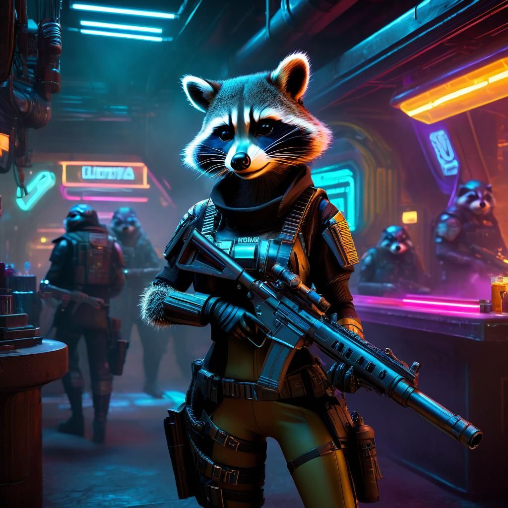 Rocket Raccoon,  genetically engineered, Anthropomorphic well-endowed female raccoon bounty hunter, mercenary, and maste...