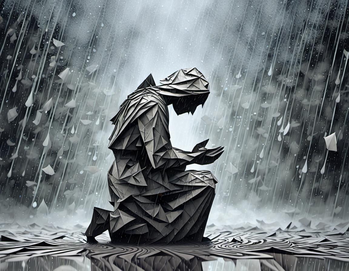 Warrior Kneeling in Sci-Fi Digital Rain