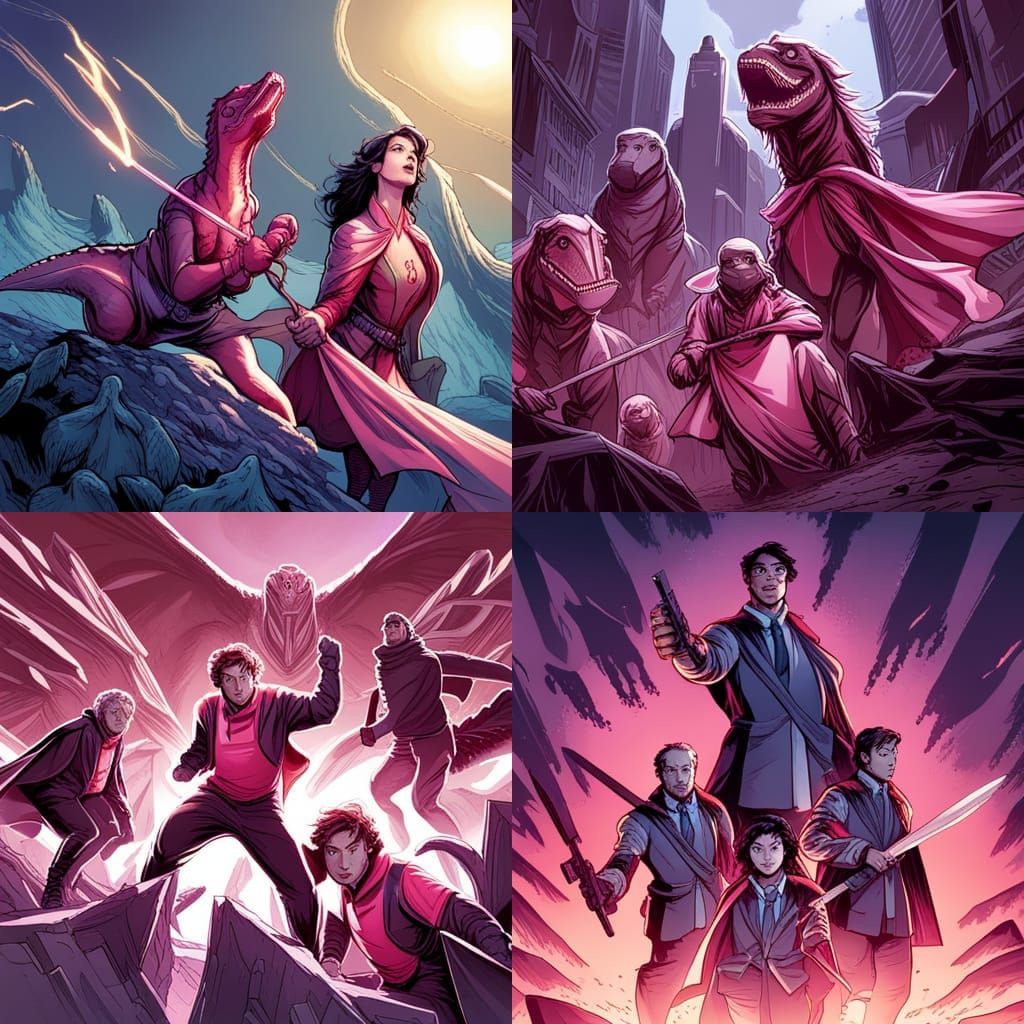 dinosaurs in tight fitting pink uniforms and capes with hero...