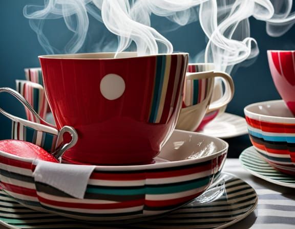Alice in Wonderland tea party, stripes and smoke, black and ...