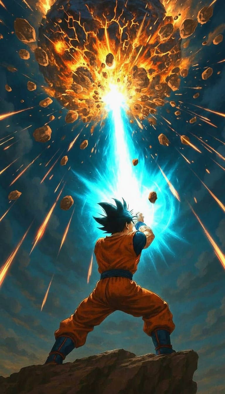 Goku kamehameha destroying meteor