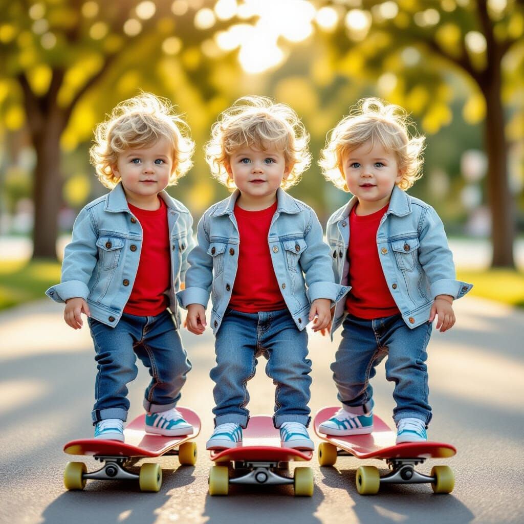 Triplets on Skateboard in Urban Park, Cinematic Photo