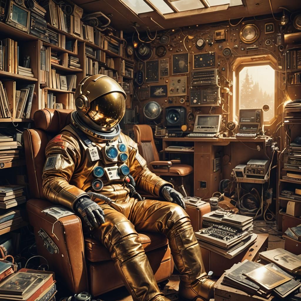 Retro-Futuristic Astronaut in Detailed Sci-Fi Living Room