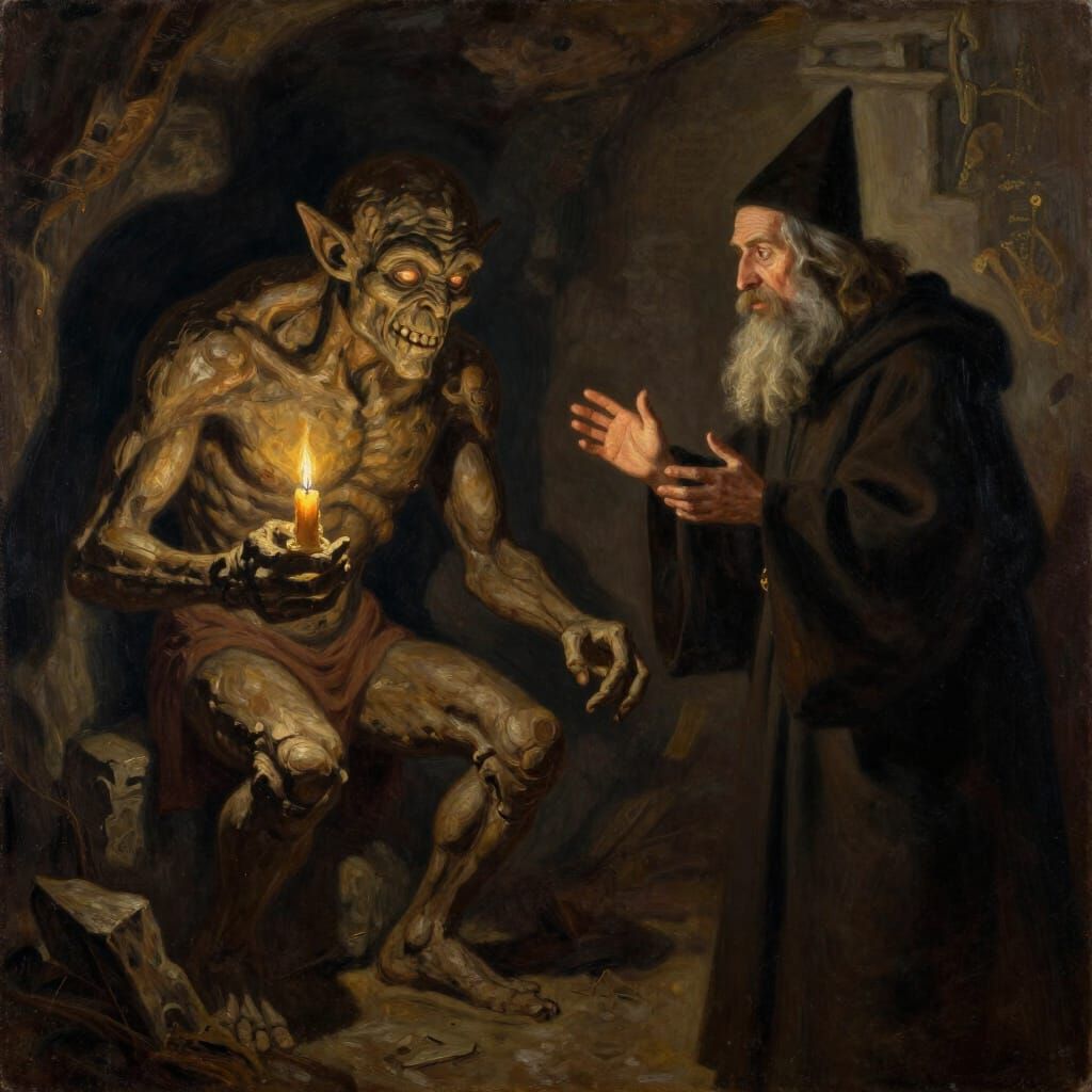 Golem and Rabbi of Prague in Dark Oil Painting Style