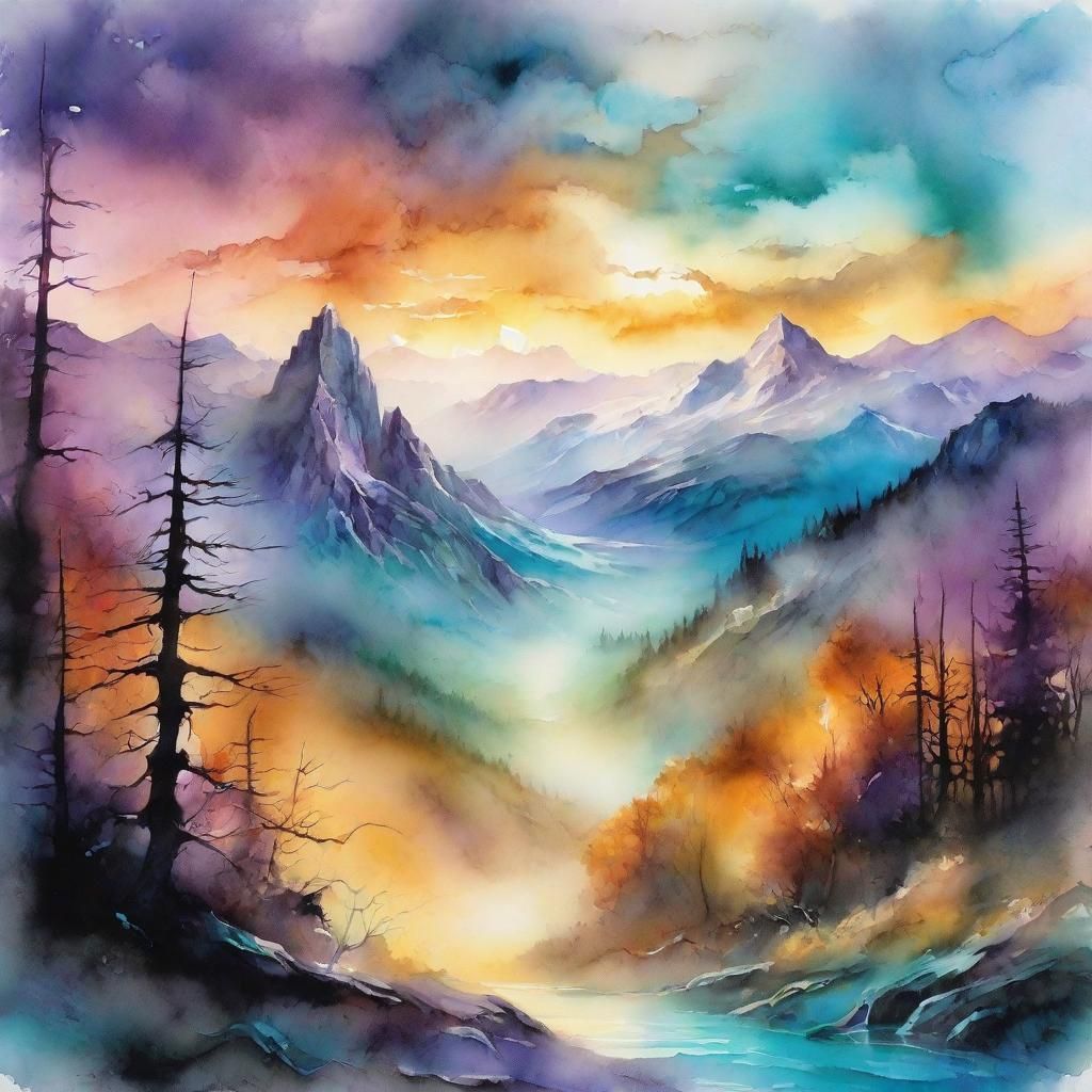 Epic Fantasy Landscape in Watercolor Style