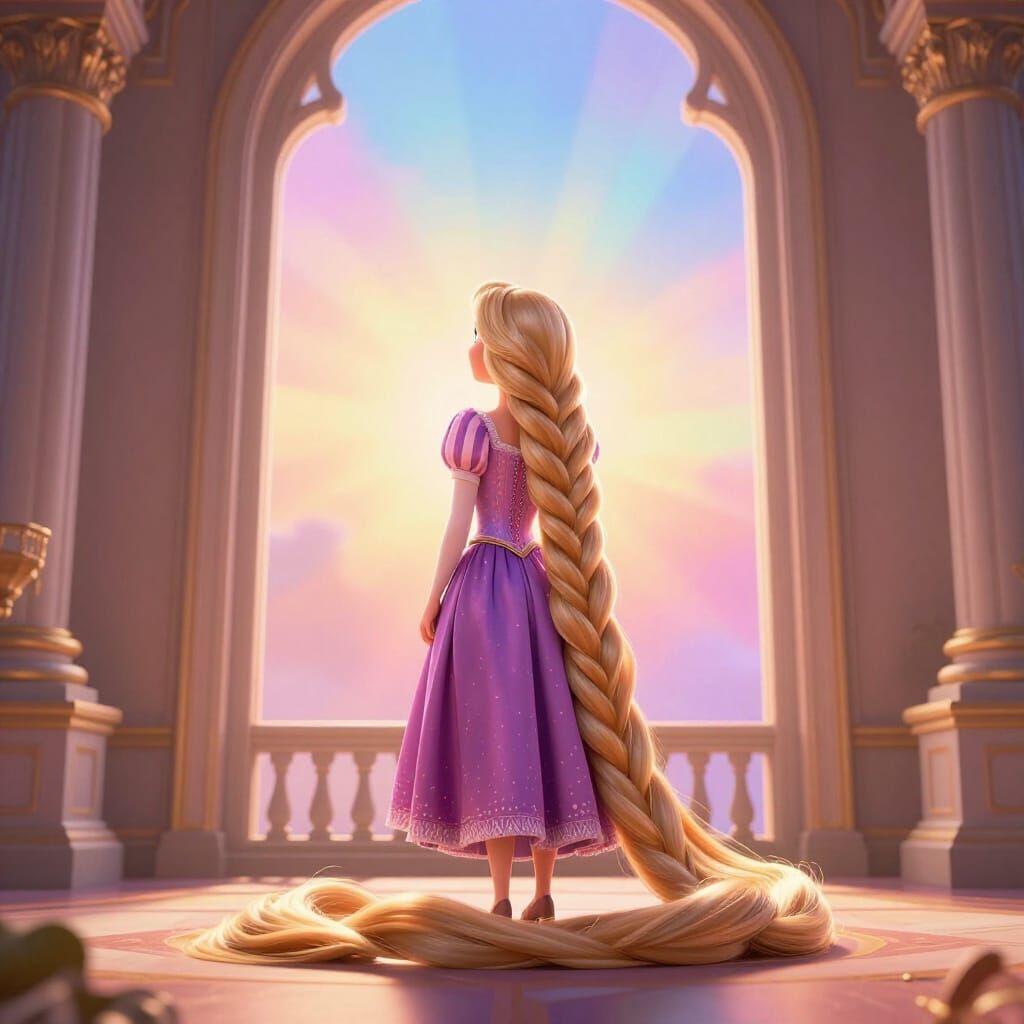 Rapunzel's Long Hair in Pixar Style Palace Scene
