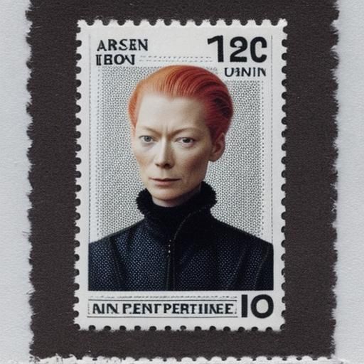Postage stamp perforated with a picture of actor Tilda Swinton. Old stamp. Used already. Rare.  by @Unreal Fellow 