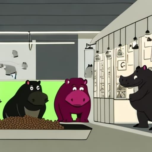 In an animal supermarket, a kind hippo advises animal buyers...