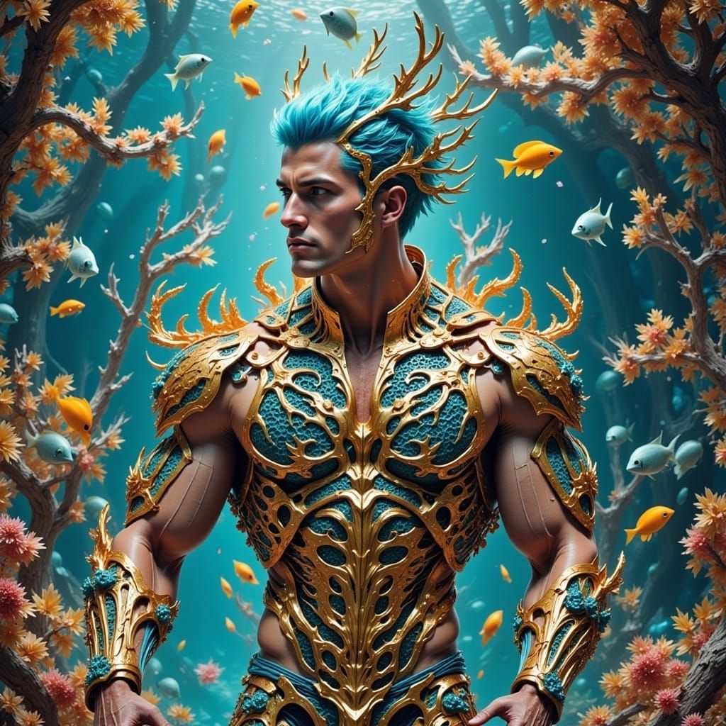 handsome 22 year old guy  intricate coral armor blue hair under water with tropical fish swimming at the back full body photography; canon l...