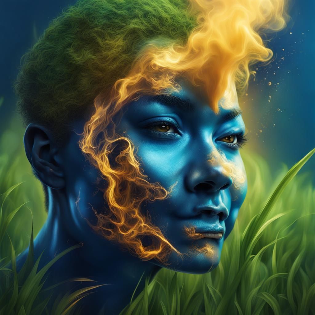 Golden smoke, deep blue background, happy face, green grass