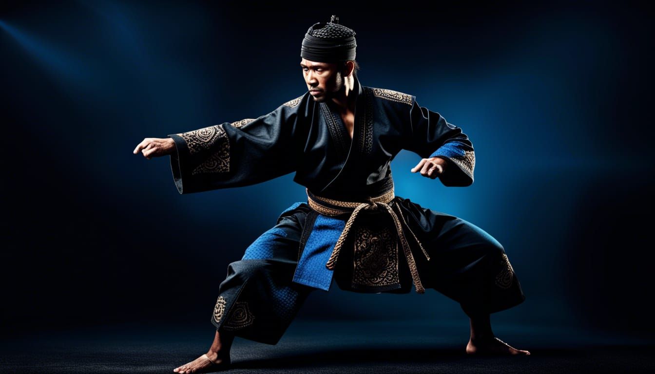 Pencak Silat fighter wearing Indonesian cloths all black and...