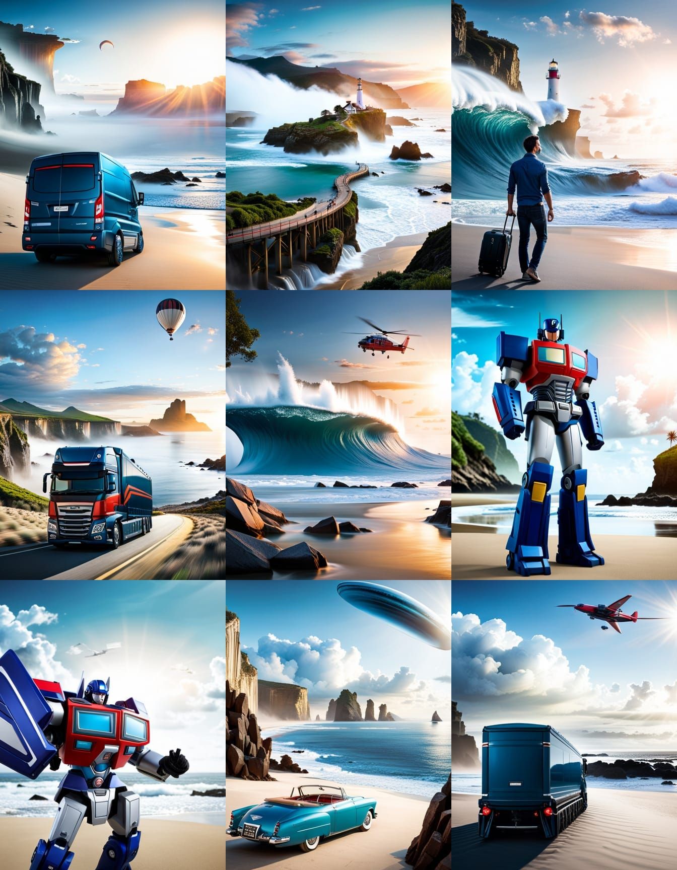 Optimus Prime and Soundwave on the beach while a latin man w...