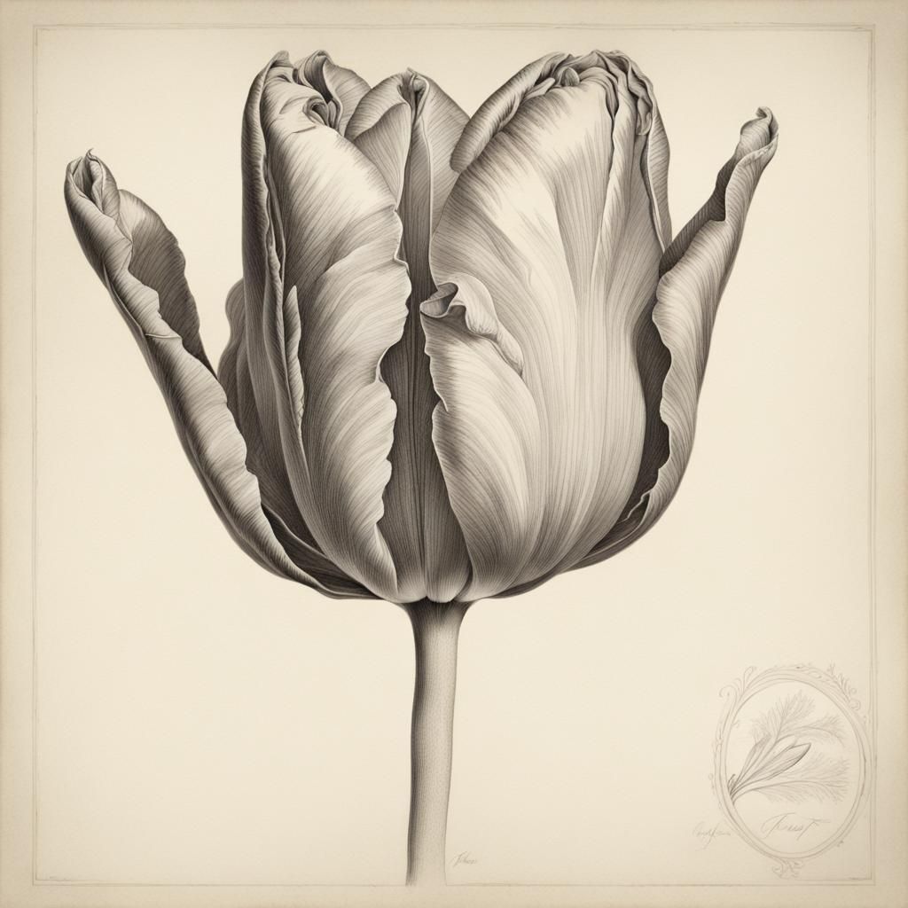 A detailed ink drawing photo of a tulip, inspired by the pre...