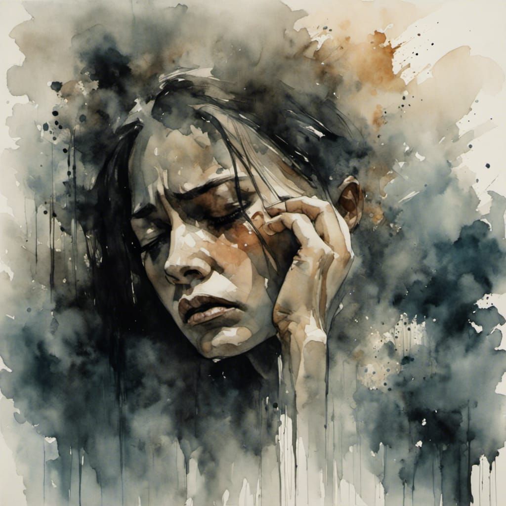 A woman crying in pain, anxiety, mental illness <lora:Entyposi:1.0> 